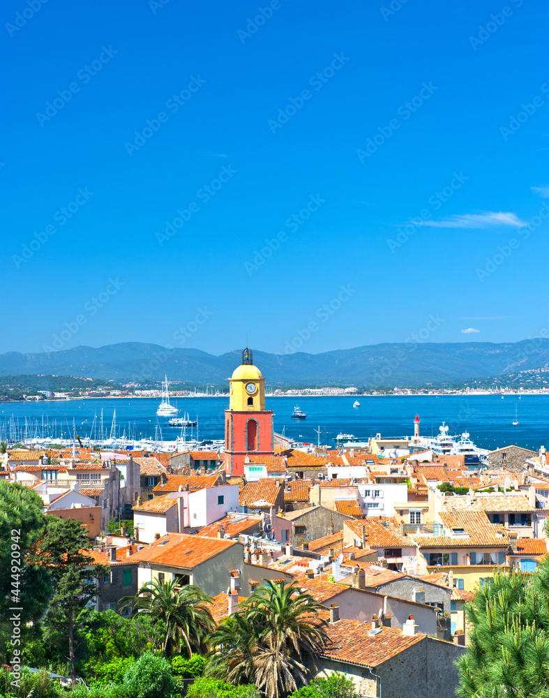 Beautiful view of Saint-Tropez with seascape and blue sky