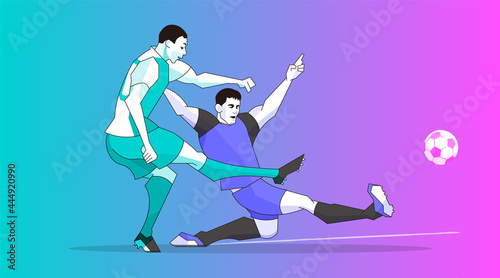 Soccer player trying to shoot and block, digital color background. Vector
