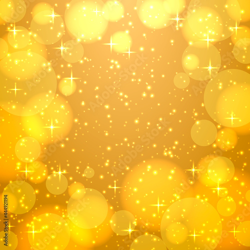 Beautiful festive background with glare and stars in yellow and gold tones. Vector design for greeting cards, invitations, covers, banners, posters, etc.