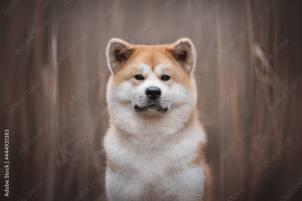 Classic portrait of male Akita inu in a thicket of winter reeds