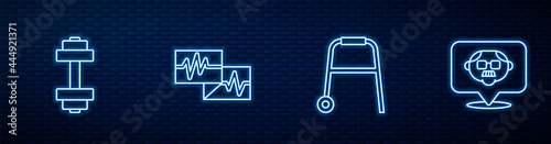 Set line Walker, Dumbbell, Monitor with cardiogram and Grandfather. Glowing neon icon on brick wall. Vector