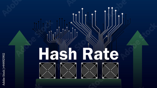 Hash rate of blockchain network increase.  Cryptocurrency mining devices with green up arrows and PCB tracks in uptrend. Computing power has grown. Vector illustration.