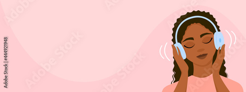 A dark-skinned girl listens to music with headphones, closing her eyes. Calm, meditation. Banner, background, web. Vector illustration.