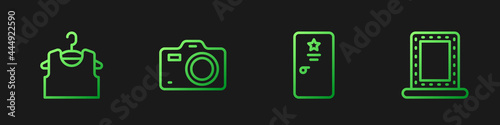 Set line Backstage, Sleeveless T-shirt, Photo camera and Makeup mirror with lights. Gradient color icons. Vector