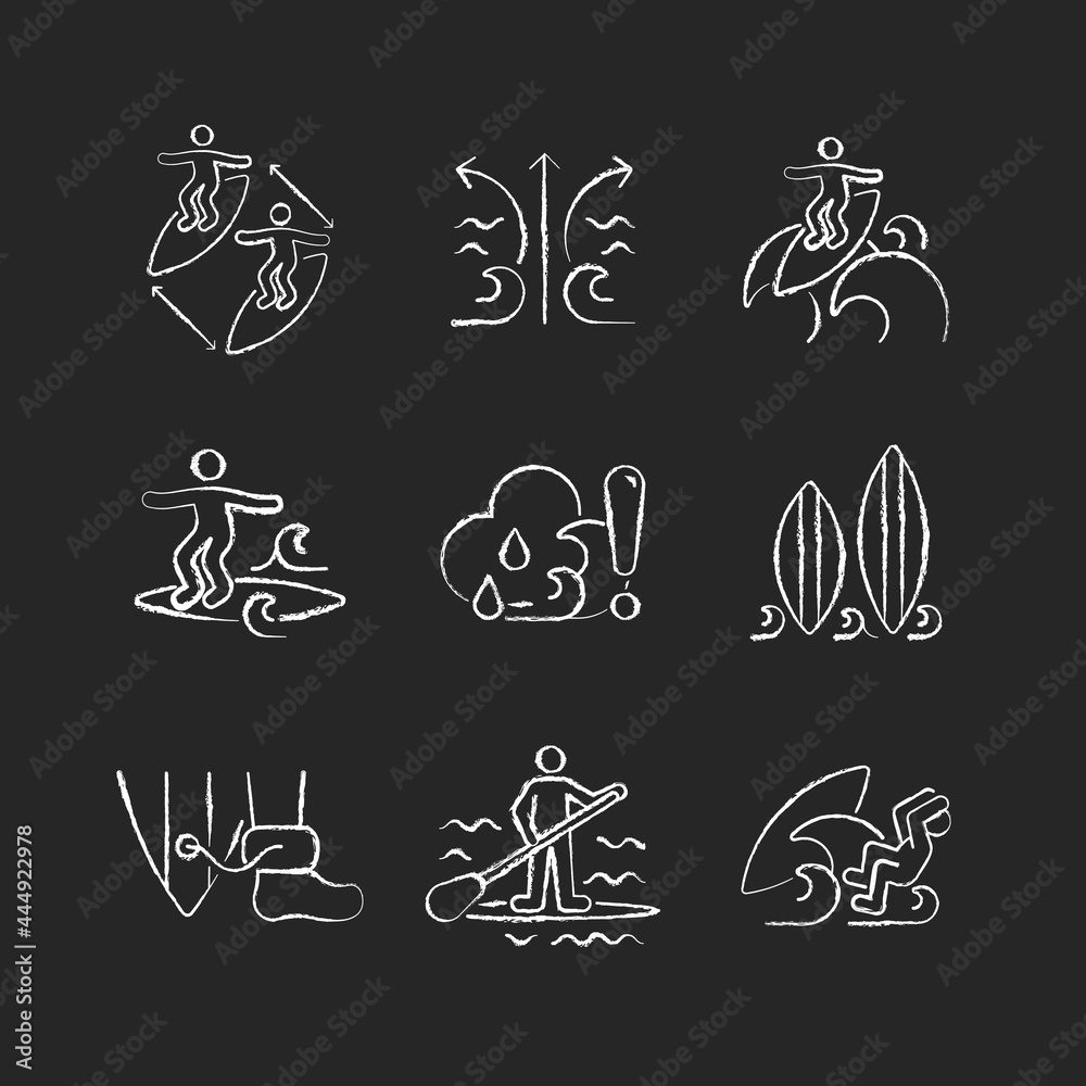 Water activities chalk white icons set on dark background. Surfing maneuvers. Keeping distance between surfers. Rip currents. Floater technique. Isolated vector chalkboard illustrations on black