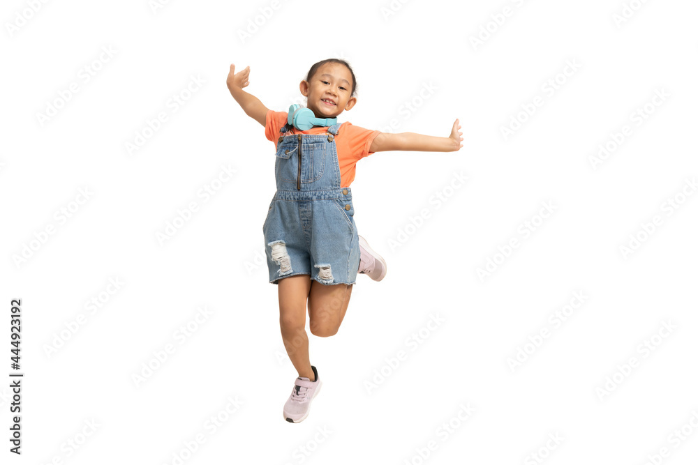 Funny asian child girl jumping isolate on white background. Funny asian child girl jumping isolate on white background.