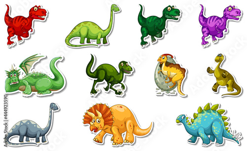 Sticker set with different types of dinosaurs cartoon characters