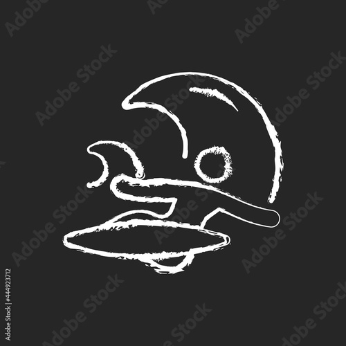Backhand bottom turn in surfing chalk white icon on dark background. Performing fundamental manoeuvre. Surfer back facing wave. Backside turn. Isolated vector chalkboard illustration on black