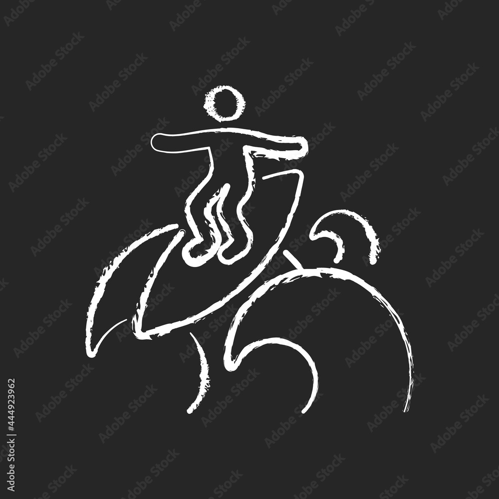 Floater surfing technique chalk white icon on dark background. Ride over breaking wave top. Performing advanced manoeuvre. Traveling atop wave crest. Isolated vector chalkboard illustration on black Floater surfing technique chalk white icon on dark background. Ride over breaking wave top. Performing advanced manoeuvre. Traveling atop wave crest. Isolated vector chalkboard illustration on black