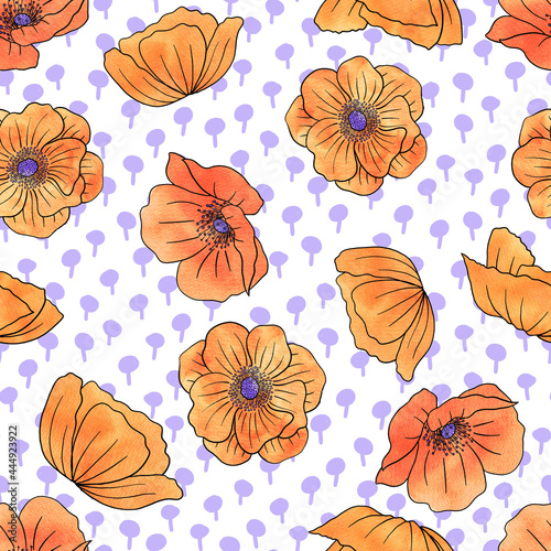 Watercolor Poppy Flowers Seamless Pattern