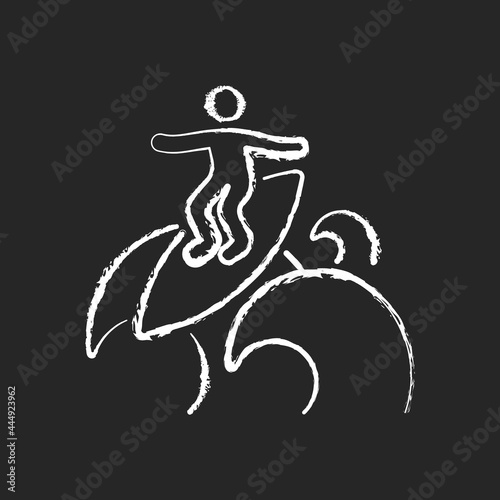 Floater surfing technique chalk white icon on dark background. Ride over breaking wave top. Performing advanced manoeuvre. Traveling atop wave crest. Isolated vector chalkboard illustration on black