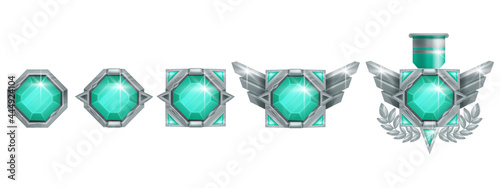 Game winner badge vector icon, rank level medal, silver award, abstract wings, green crystal gemstone. UI achievement trophy design element on white, winner congratulation reward. Game badge prize kit