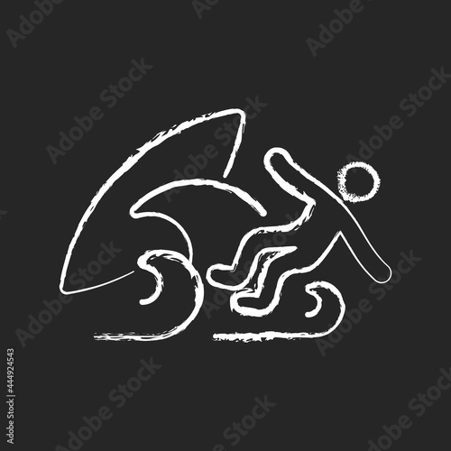 Surf wipeout chalk white icon on dark background. Being thrown off surfboard by breaking waves. Lead to broken boards, injuries. Losing consciousness. Isolated vector chalkboard illustration on black