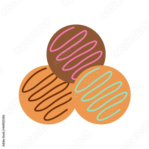Round cookies with multicolored filling on an isolated background. Appetizer or dessert. Flat design element. Unhealthy food. Illustration.