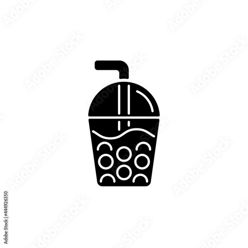 Bubble tea black glyph icon. Black tea with milk, ice and chewy tapioca pearls. Boba drink. Common dessert creamy topping. Silhouette symbol on white space. Vector isolated illustration