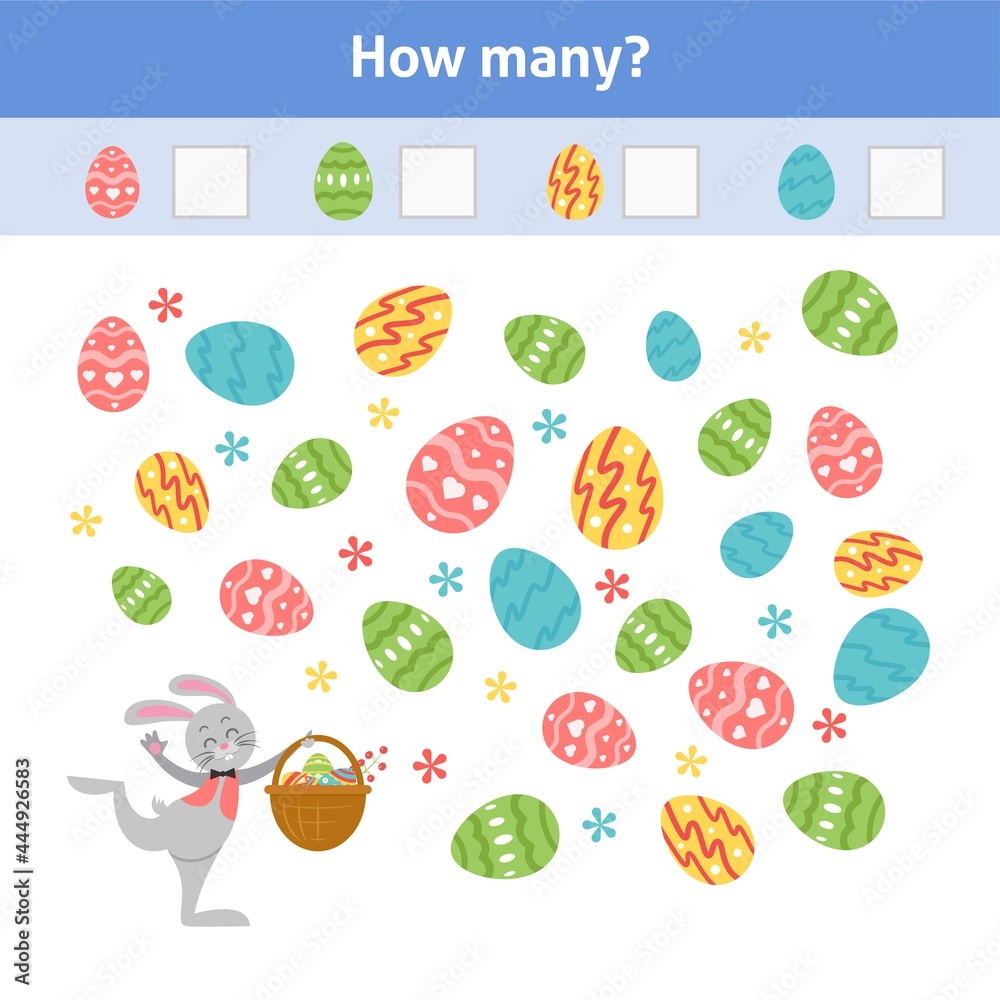 How many. Printable worksheet. Educational game for toddlers with bunny and Easter eggs. It can be used for kindergarten and 
preschool. Children activity page.