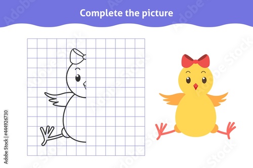 Complete the picture. Educational game, reflection image for toddlers. Symmetrical worksheet with cute chicken for kindergarten and preschool. Children pastime, traning for visual perception