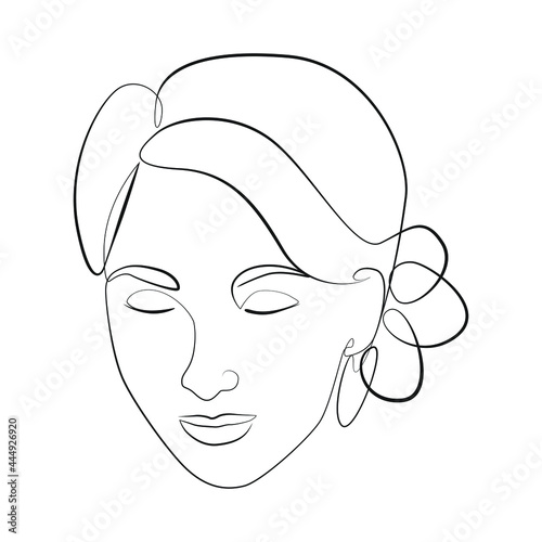 Close-up woman's head with closed eyes and a modest smile, line drawing on white isolated background
