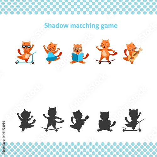 Shadow matching printable worksheet. Educational game for toddlers with cartoon ginger cat. It can be used for kindergarten and preschool. Children activity page.