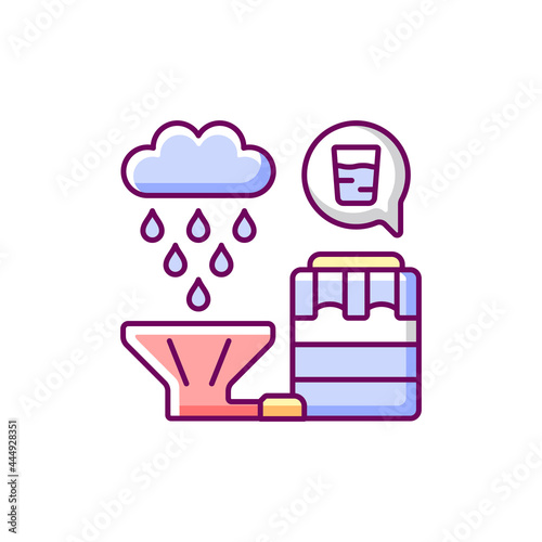 Recycling rainwater RGB color icon. Isolated vector illustration. Collecting rainfall from roof and storing in tanks. Natural resource conservation. Harvesting rain water simple filled line drawing