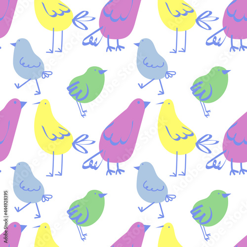 Abstract vector pattern with colorful birds on a white background.