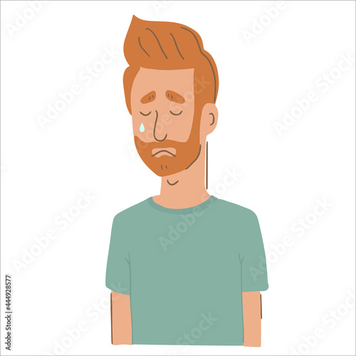 Portrait of depressed male character with tears in his eyes. Man struggling with negative emotions, sadness, mental health problems. Flat vector illustration