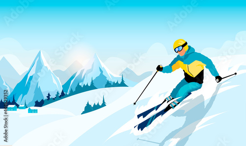 Advanced skiers slides near the mountain downhill. Cross-country skiers. Sports descent on skis from the mountain. Vector illustration