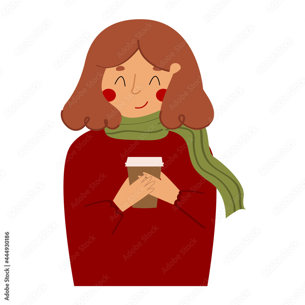 Woman is holding a paper coffee cup isolated on white background. Vector illustration on the theme of hot drinks to take away. Autumn beverage.