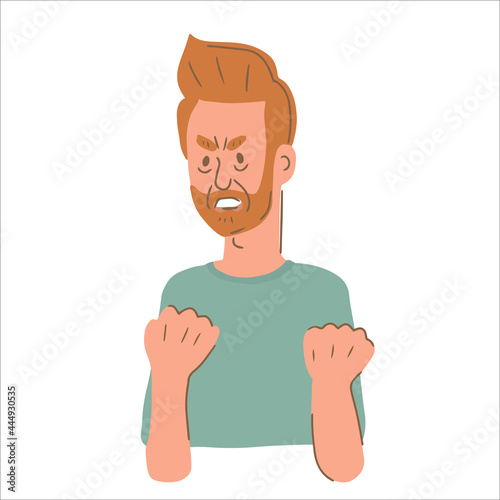 Portrait of angry male character clenching his fists. Man struggling with emotion control. Flat vector illustration