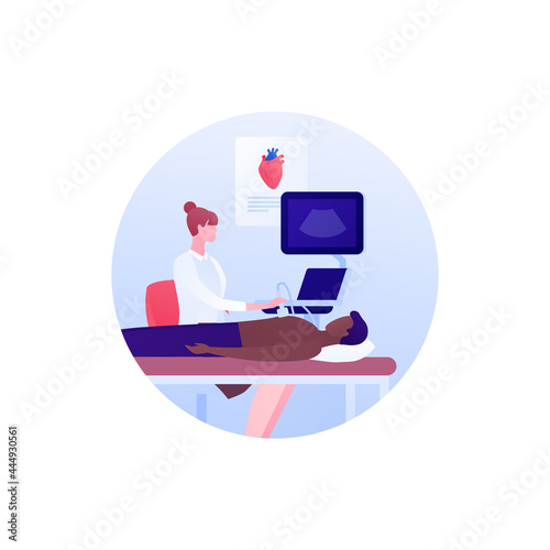 Medical ultrasound procedure concept. Vector flat healthcare illustration. Cardiology and heart diagnostic research. Female doctor with ultrasonography device and african patient lying on hospital bed