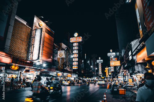Chinatown streets at night during covid in Bangkok, Thailand photo