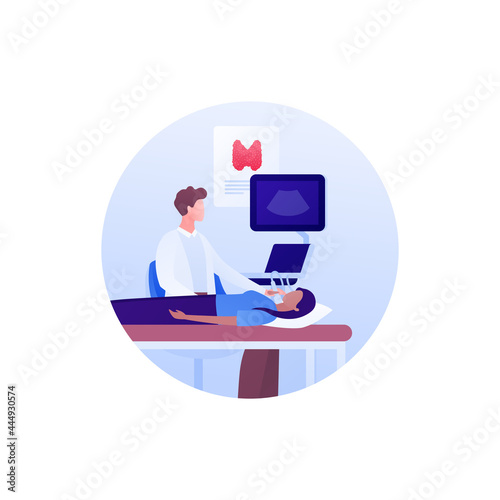 Medical ultrasound procedure concept. Vector flat healthcare illustration. Endocrinology and thyroid diagnostic research. Doctor with ultrasonography device and female african patient lying on bed