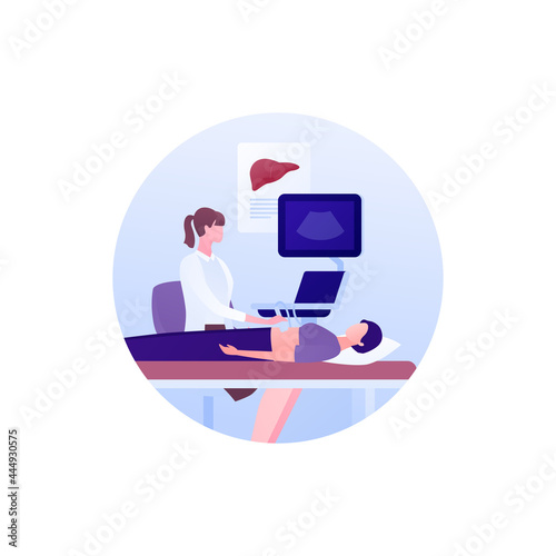 Medical ultrasound procedure concept. Vector flat healthcare illustration. Hepatology and liver diagnostic research. Female doctor with ultrasonography device and patient lying on hospital bed