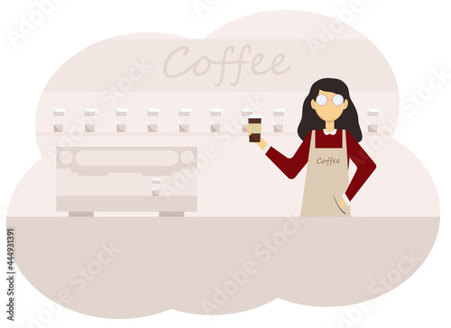 Illustration of a coffee shop interior and a barista woman with a cup of coffee