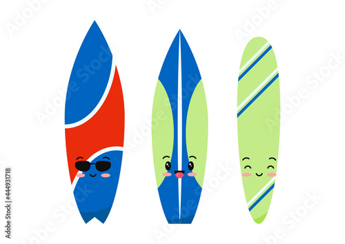 Surfboard emoji set isolated on white background. Happy  surf boards for summer sea and ocean sport activity. Flat design kawaii cartoon style vector character clip art illustration.
