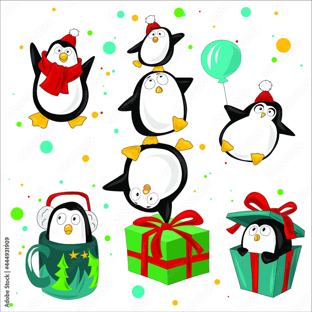 Fototapeta premium Funny christmas penguins vector characters. Set of penguin animal with ice cream and fishing illustration