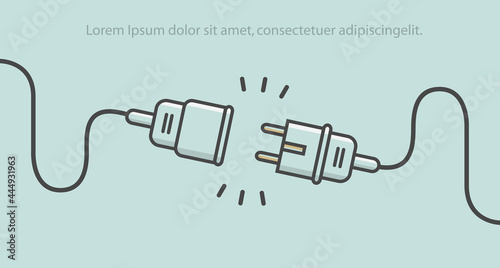 Vector Electric Plug and Socket unplugged 404 error disconnect line art minimalistic  design. unplug socket concept. Electrical theme web banner, disconnection, loss of connect, loss of connection