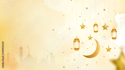 Gold and light Eid al Fitr or adha card design to celebrate the festival, islamic background with brush and watercolor style