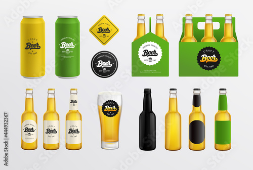 Craft Beer logo and set of glass bottle mockup, Tin Can, packaging box. Beer shop and Pub Branding  mockup set with vintage lettering beer logo. Vector template