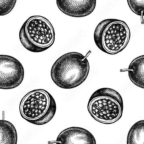 Seamless pattern with black and white passion fruit