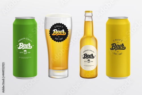 Vintage beer logo and set of glass bottle, Tin Can mockup. Beverage package design. Beer shop and Pub Branding  mockup set. Vector template