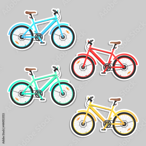 Four of red, green, blue, yellow retro bicycles, cycles sticker set, transport bike collection with white border on gray background. Vector illustration for flyer, poster, banner, web, advertising.