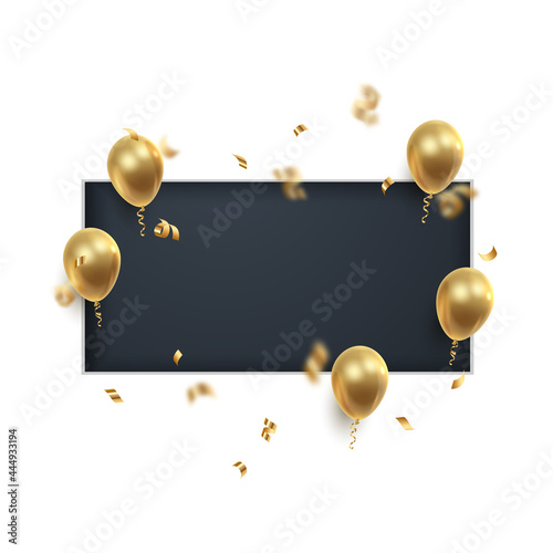 Poster witn realistic golden ballons, ribbons, serpentine, confetti and black paper cut rectangle. Vector illustration for card, party, design, flyer, poster, decor, banner, web, advertising. 