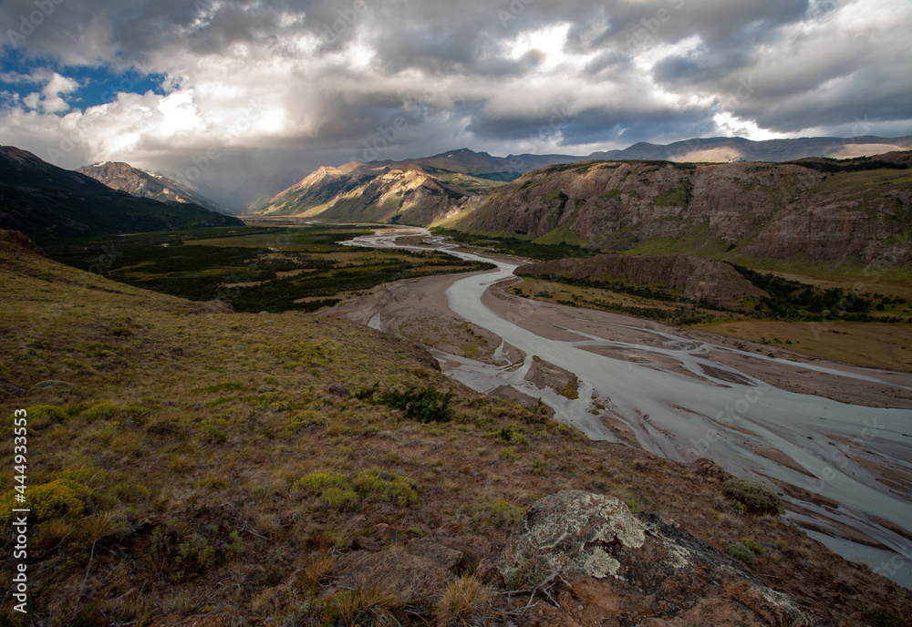 landscape with river and mountains. Rio de las vueltas, El Chalten, Patagonia Argentina