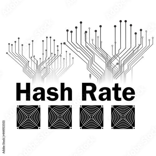 Hash rate of blockchain network with asic icon isolated on white.  Cryptocurrency mining devices and PCB tracks. Digital computing power. Vector illustration.