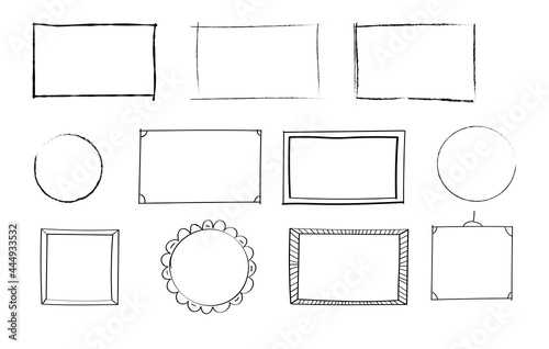 Hand drawn set of simple frames and borders with different shapes: rectangular, square, oval. Cut out isolated vector illustration for your banner design.Doodle sketch style. Element with a pen brush