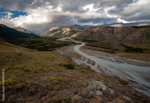 landscape with river and mountains. Rio de las vueltas, El Chalten, Patagonia Argentina