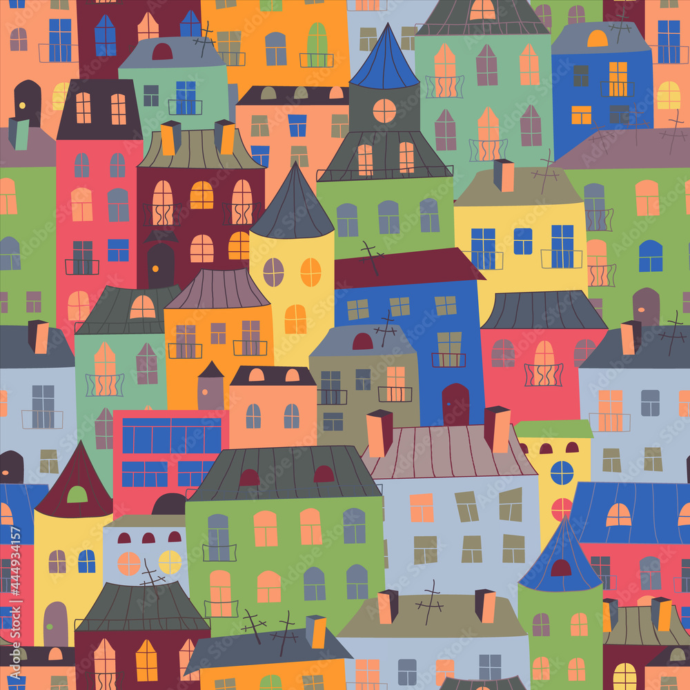Abstract seamless pattern with city houses. Colorful windows, roofs and doors of buildings. Design for textile print or wallpaper.
