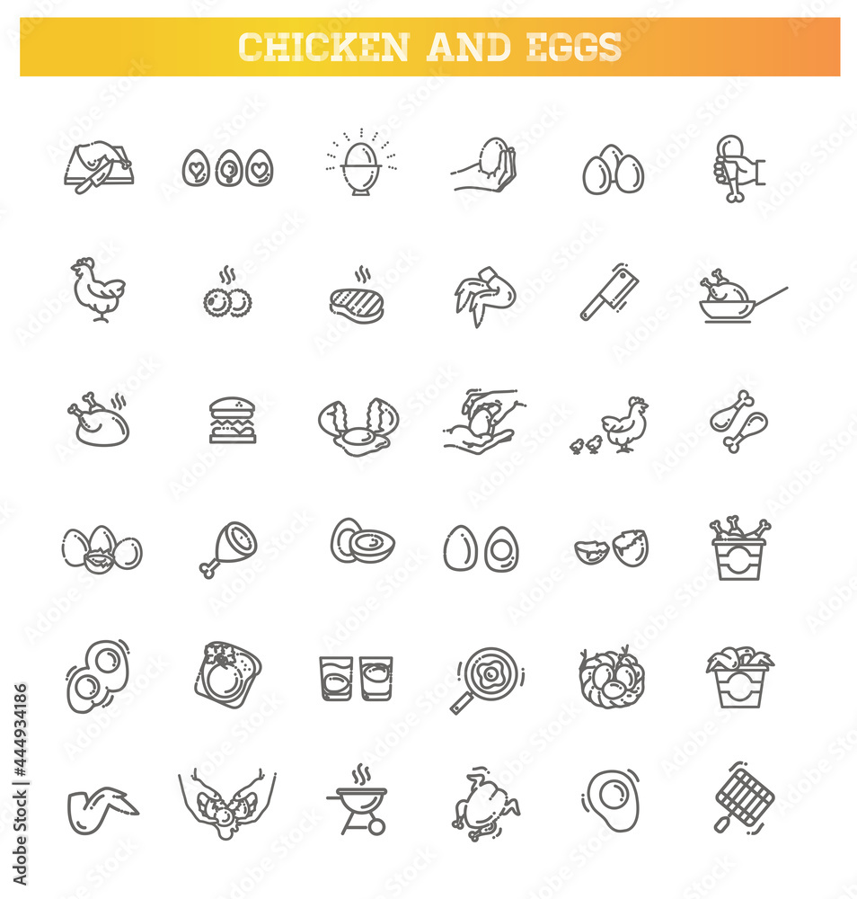 Chicken Meat. Thin Line Icons. Eggs icons set,Vector outline illustration. Broken eggs