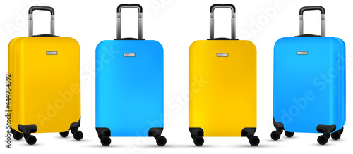 Travel suitcase isolated. Set of Colorful plastic luggage or vacation baggage bag on white background. Design of summer vacation holiday concept.